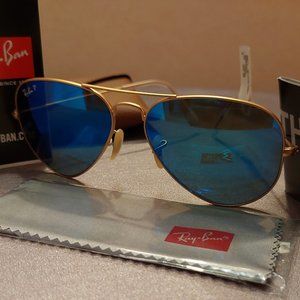 Ray-Ban Blue Mirror Aviator Sunglasses Gold Frames RB302558-ZP